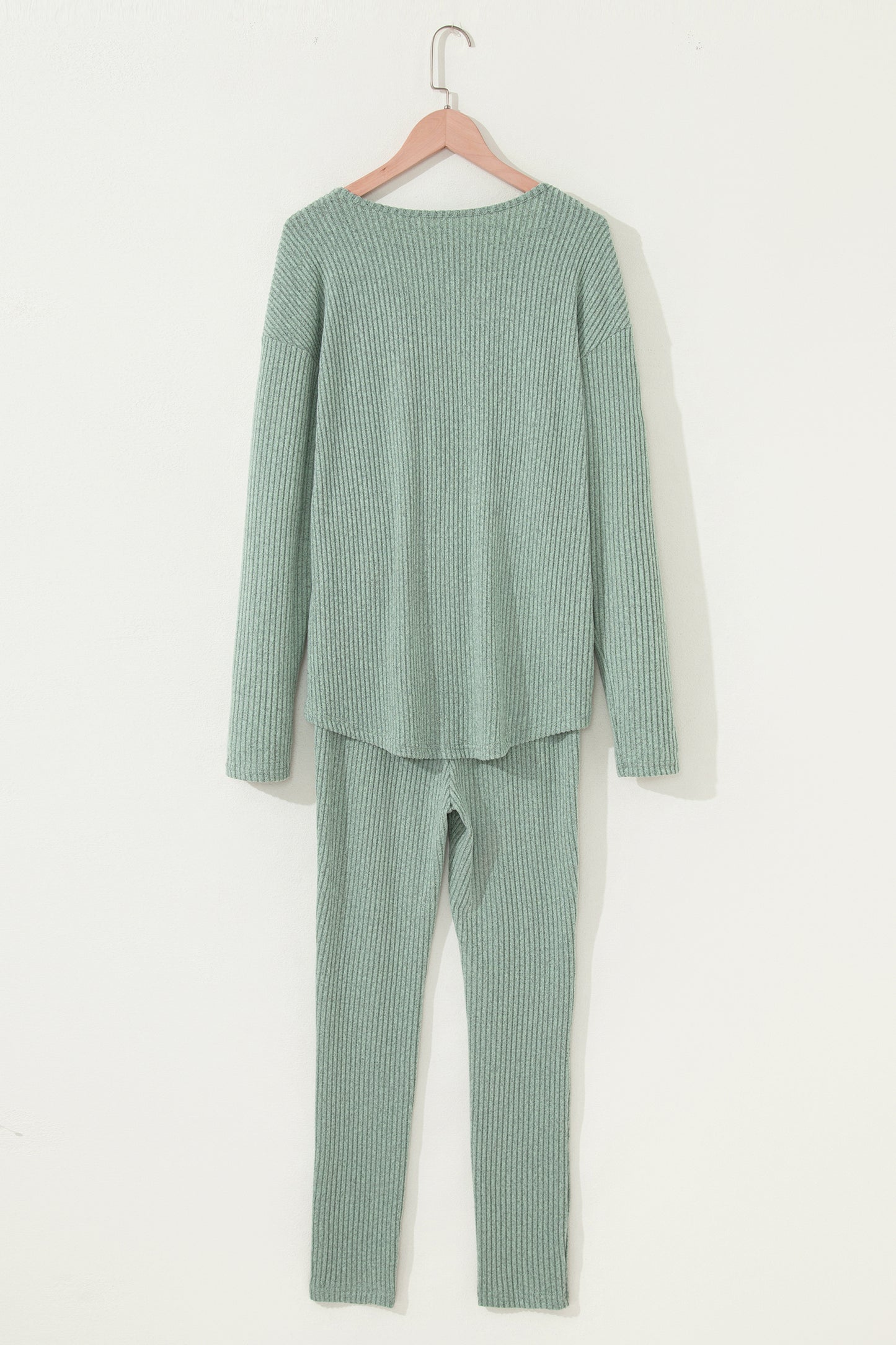 2pcs Grass Green Ribbed Notched Neck Knit Long Sleeve Leggings Lounge Set