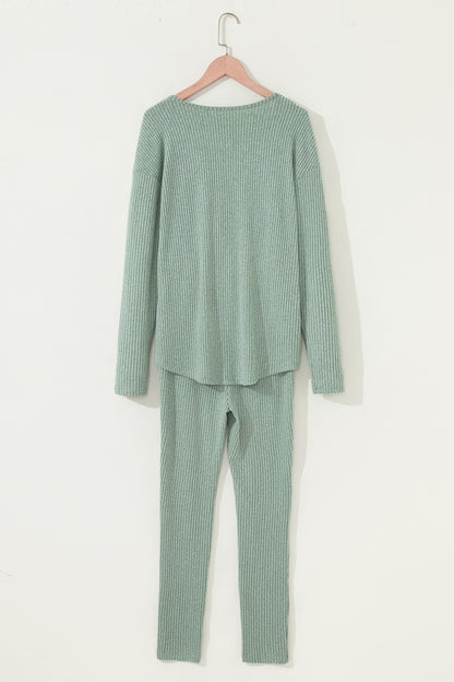 2pcs Grass Green Ribbed Notched Neck Knit Long Sleeve Leggings Lounge Set