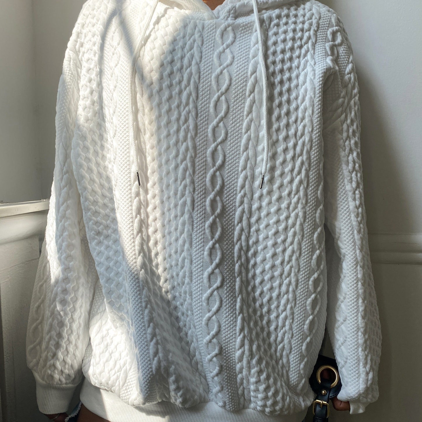 Plus Size Women's Solid Ribbed Long Sleeve Hoodie - Slight Stretch Drawstring Sweatshirt