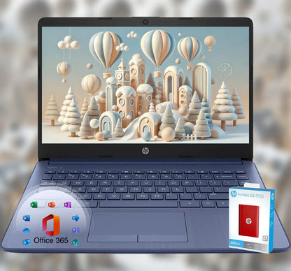 HP 14 Indigo Blue Laptop • School Edition with Microsoft 365 • Quad-Core Intel • 8GB RAM • 1600GB Hybrid Storage • Win 11