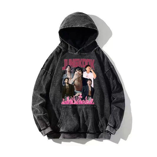 Jungkook Hoodie Vintage Distressed Cotton Hoodie