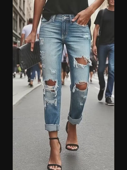 Fashion Retro Ripped Stretch Street Cuffed Jeans